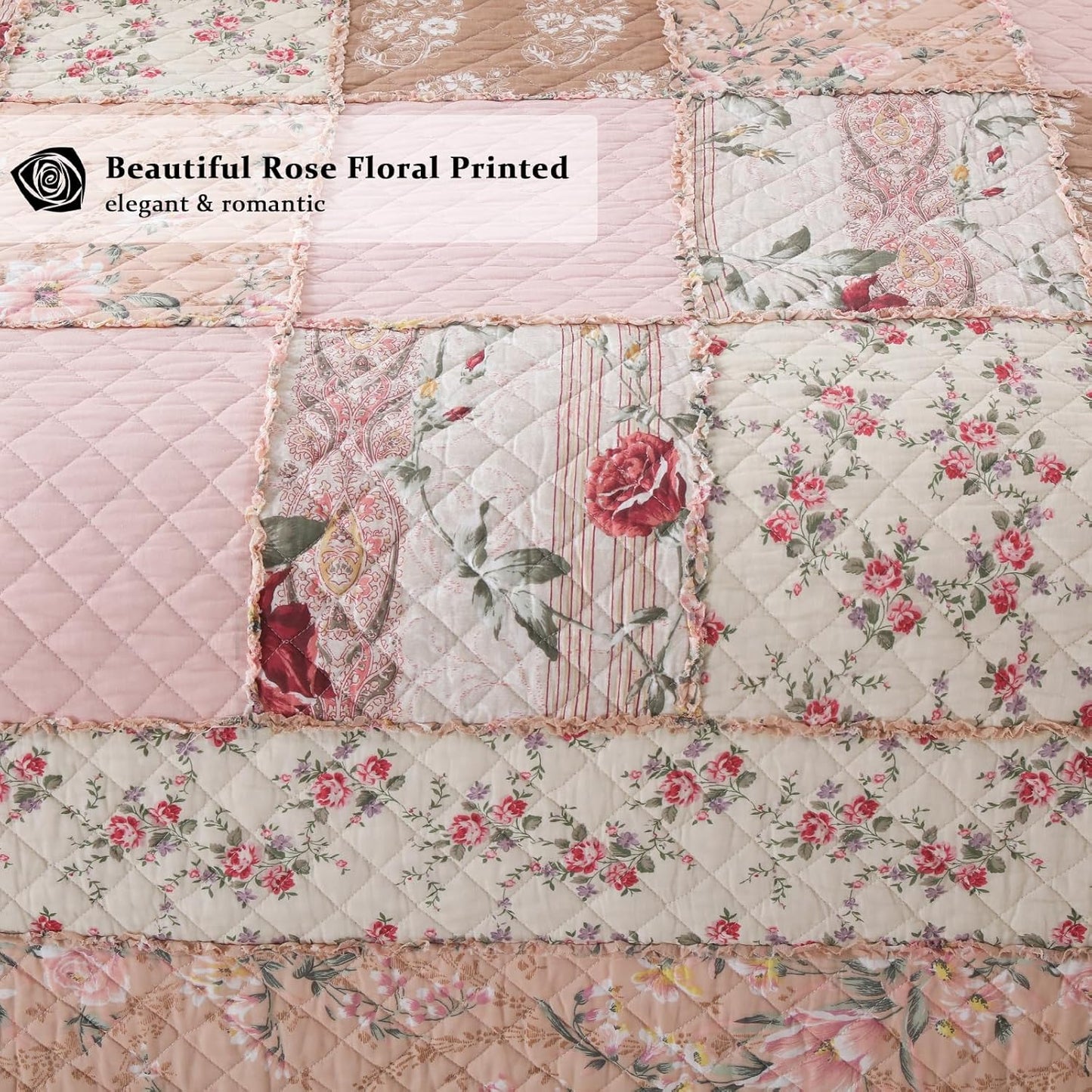 Yvooxny Quilts King Size Patchwork Pink Floral Quilt Set Vintage Shabby Chic Botanical Floral Quilted Bedspread 3-Piece Quilt Set with Ruffle for All Seasons, King Size, 106 * 98 Inches