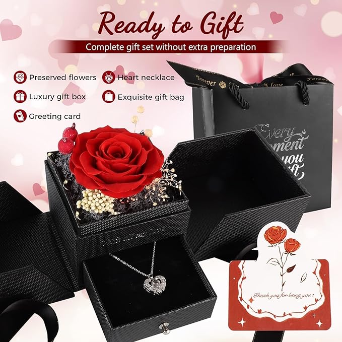 TranquilBliss Gifts for Mom, Preserved Real Red Rose Gift Box with Heart Necklace,“I Love You” in 100 Languages, I Love You Eternal Flowers Rose Gift Set for Mother's Day, Anniversary