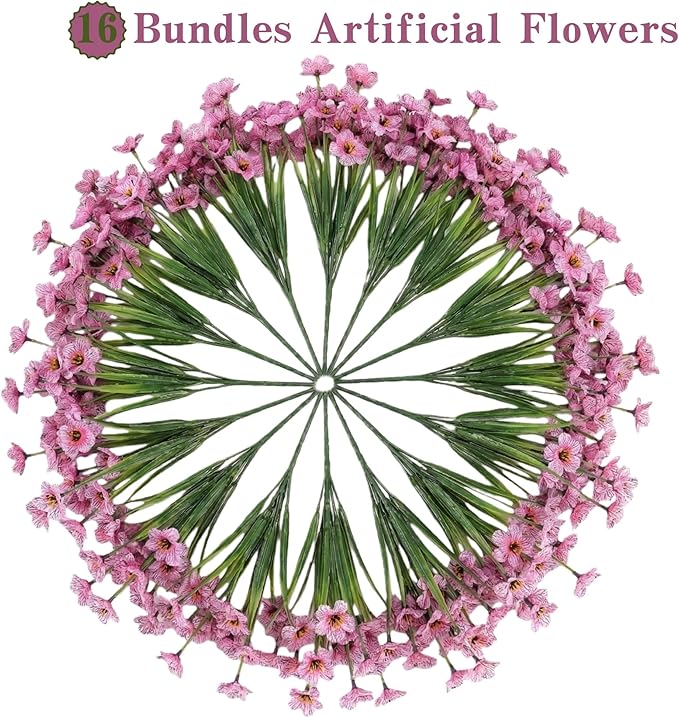 Geegoods Artificial Mums Flowers for Outdoors, 16 Bundles UV Resistant Fake Plastic Pink Flowers for Patio Porch Spring Summer Decor