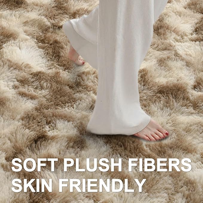 5x7 Ft Large Shag Rugs for Bedroom Living Room Decor for Men Boys, Tie Dyed Ultra Soft Fluffy Furry Area Rug for Indoor Floor, Aesthetic Carpet for Home Decor (Khaki)