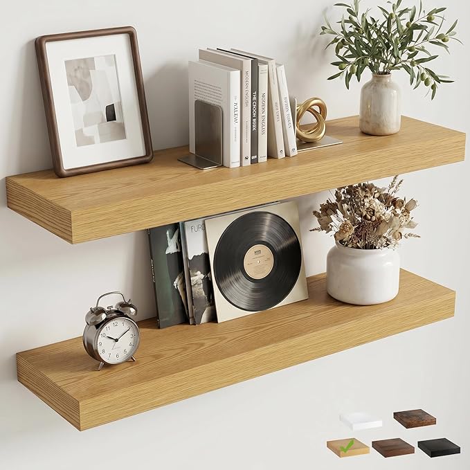 30 Inch Floating Shelves for Wall, 8"D Wood Storage Shelves, Oak Finish | Engineered Wood, Invisible Bracket, Large Storage, Easy Install, Hold Up to 44lbs, Living Room, Bathroom, Bedroom, Kitchen