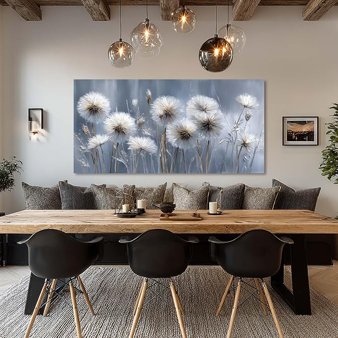 Ggaafet White Dandelion Wall Art for Living Room Canvas Oil Painting Prints Beautiful Dream Flower Floral Blooming Art Deco Modern Artwork Office Bedroom Family Dining Room Decor Extra Large