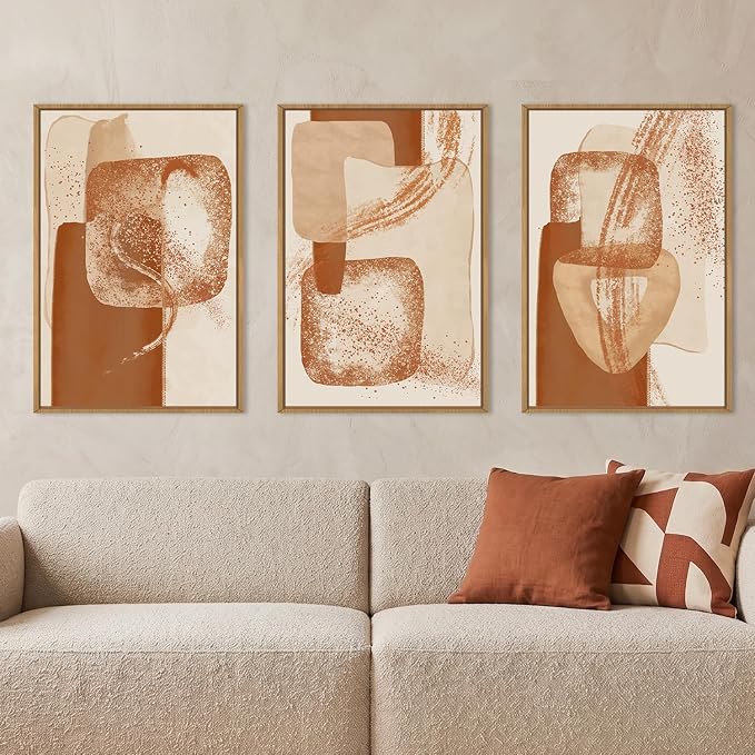 Large Neutral Abstract Orange Framed Canvas Wall Art Set,Modern Minimalist Block Wall Decor,Boho Beige Brown Geometric Artwork for Living Room,Bedroom,Dining Room,Office-24 x36 x3