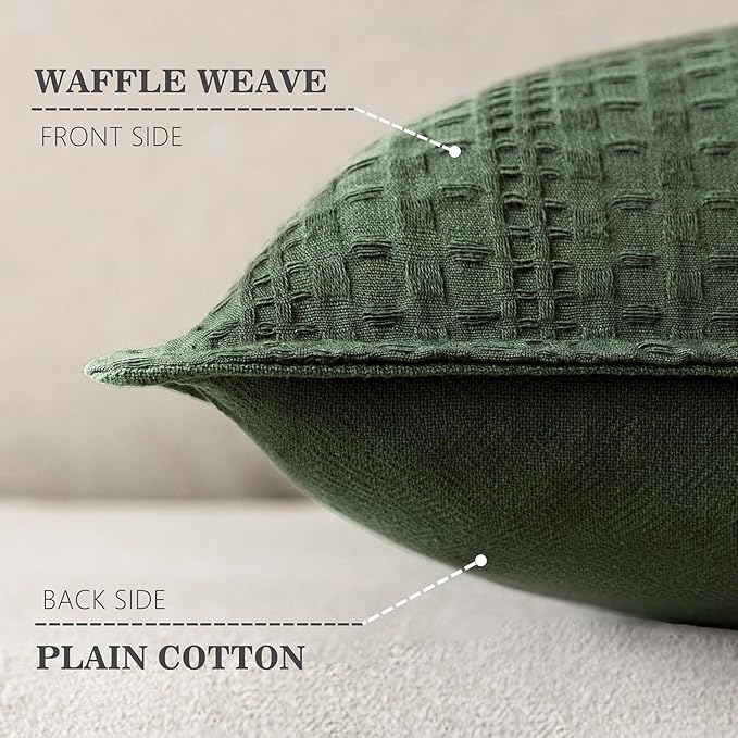 Foindtower Set of 2 Decorative Cotton Waffle Weave Throw Pillow Covers Euro Shams Cushion Covers Accent European Pillowcase for Bed Couch Sofa Bedroom Living Room Home Decor 22×22 Inch Dark Green