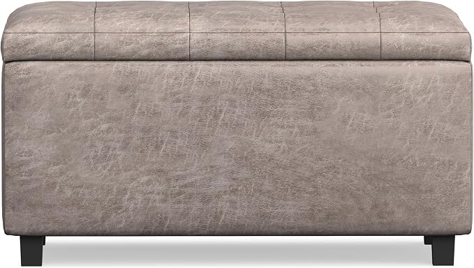 SIMPLIHOME Cosmopolitan Storage Ottoman - 34 inch Wide Upholstered Vegan Leather Rectangle Storage Ottoman Bench in Distressed Grey Taupe, Transitional Tufted Ottoman for Living Room with Lift-Up Lid