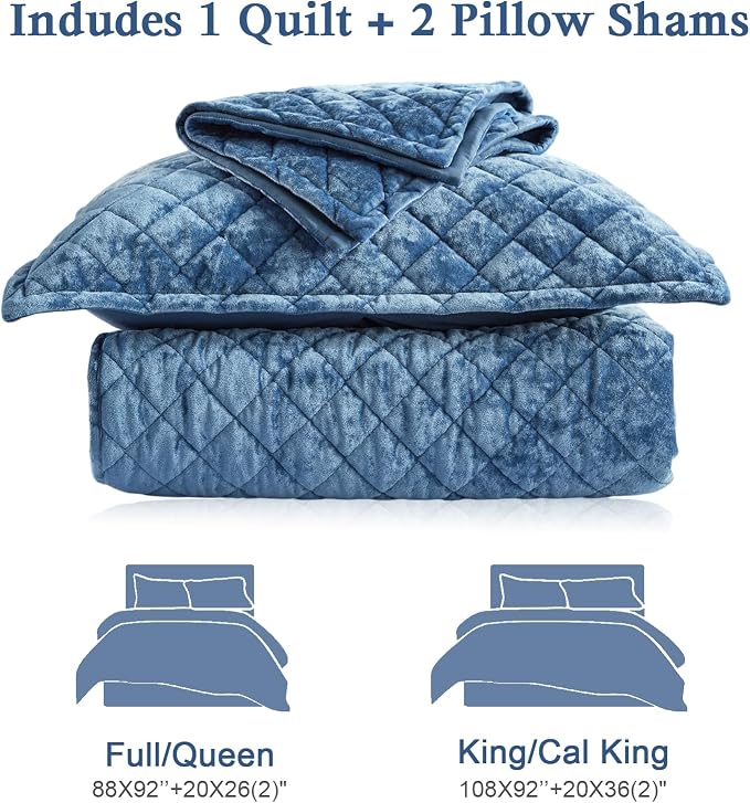 Cosybay Luxury Velvet Quilt Set King, Lightweight Oversized Bedspread Coverlet Quilted Box Stitch Bedding Set, with 2 Matching Pillow Shams, for All Season, Dusty Blue