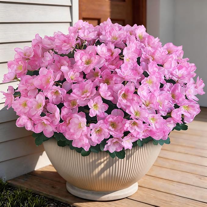 YXZZWL 16 Bundles Artificial Flowers for Front Door, Fake Silk Azalea Bouquet Silk Flowers for Outside UV Resistant Realistic Faux Plants for Planter Farmhouse Patio Garden Walkways Home Decor (Pink)