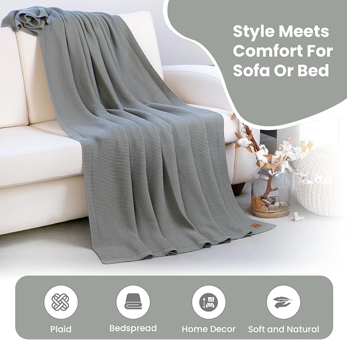 Dalisa 100% Organic Turkish Cotton Throw Blanket - GOTS Certified, Cozy - Perfect for Couch, Bed, and Home Decor - Boho Vintage Knit Alina (Green, 50x60)