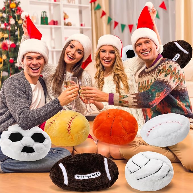 8 Pcs Sports Throw Pillows Bulk Fluffy Stuffed Football Soccer Baseball Volleyball Basketball Softball Pillows Plush Cushion for Room Decor Birthday Gifts