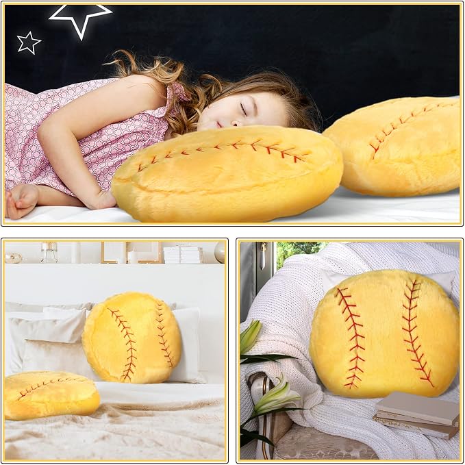 Gerrii 4 Pcs Sports Throw Pillows Basketball Softball Football Soccer Volleyball Tennis Pillow Fluffy Stuffed Plush Cushion Gift for Senior Night Home Bedroom Decor Birthday Present (Softball)
