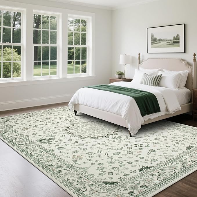 Srugn Washable Rugs 8x10 Area Rugs for Living Room,Rugs for Bedroom,Large Carpets,Ultra Soft Faux Wool Retro Dining Room Rug,Non Slip&Non-Shedding Low Pile Vintage Print Rug for Home Office-Green