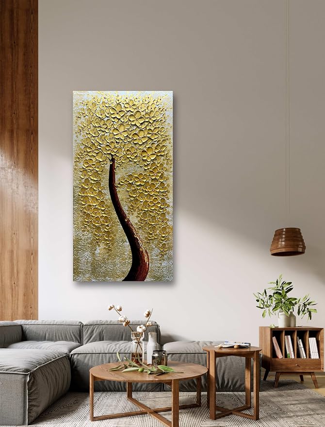 Yika Art Paintings - 24X48 Inch 3D Golden Flower Tree Wall Art Abstract Textured Knife Platte Acrylic Painting on Canvas 3D Flowers Tree Paintings Ready to hang