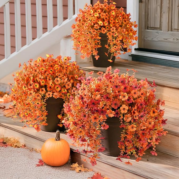 ZFProcess Artificial Fall Flowers for Outdoors, 2PCS Silk Fake Flowers Realistic Daisy Mums UV Resistant Porch Patio Window Yard Decor (Fall Orange)