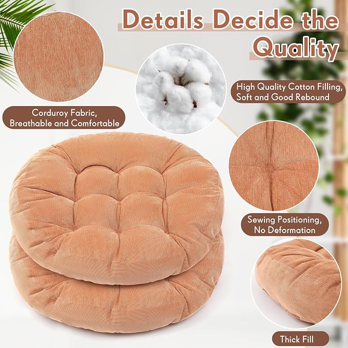Jerify 2 Pcs Floor Pillow Cushions Large Round Square Large Meditation Floor Pillow for Classroom Adult Meditation Picnic Party Seating Learning Daycare School (Round,Light Brown)