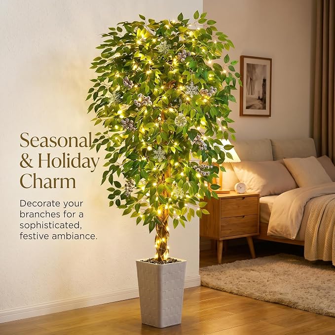 Artificial Ficus Tree 6FT Faux Floor Tree with Planter UV Resistant Potted Fake Silk Plant - Indoor Outdoor Lifelike Fake Ficus Tree for Home, Living Room Bedroom Topiary Tree
