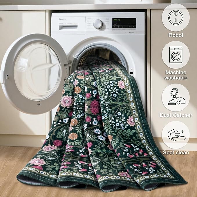 Round Area Rug for Living Room: 4 ft Floral Washable Circle Rug Soft Boho Non-Slip Carpet Indoor Stain Resistant Low Pile Small Circular Rug for Bedroom Entryway Kitchen Nursery Home Office Dark Green