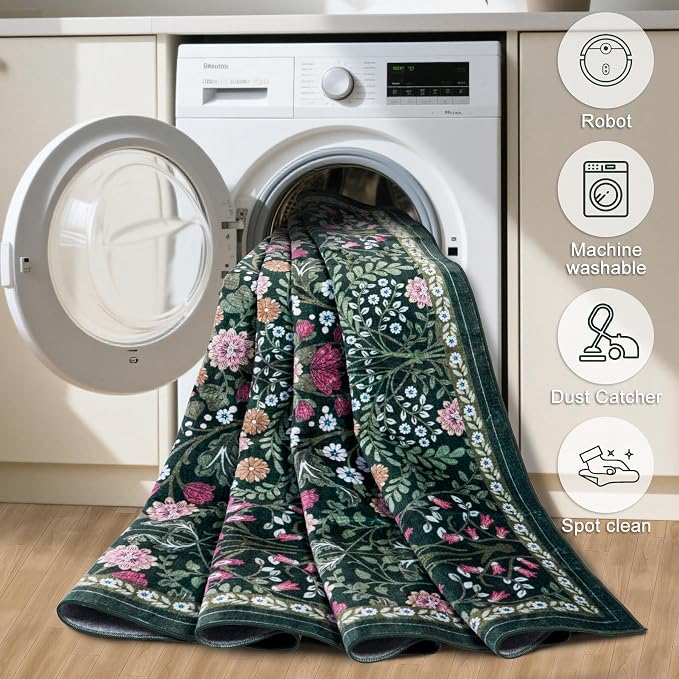 Runner Rug for Entryway: 2.6x8 Kitchen Rugs Non Slip Washable Ultra-Thin Soft Floral Carpet Indoor Floor Stain Resistant Carpets for Hallway Bedroom Kitchen Laundry Bathroom Dorm Dark Green