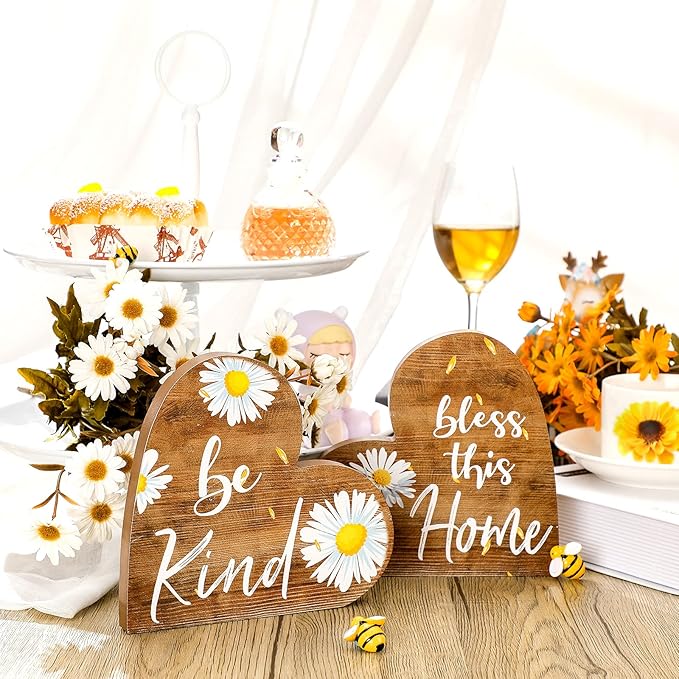 Jetec 2 Pcs Rustic Wooden Heart Table Decor, Daisy Farmhouse Home Decor, Bless This Home & Be Kind Sign for Living Room, Dining Room, Shelf & Mantel, Ideal Housewarming & Birthday Gift(Daisy Style)