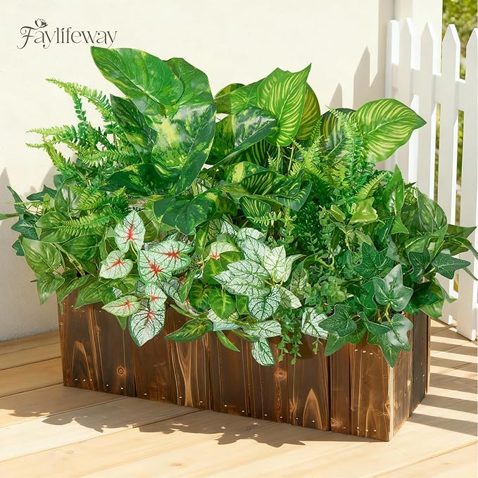 24 Bundles Artificial Plants Outdoor,UV Resistant Fake Greenery Stems with Large Shrubs Faux Plastic Plant for Outside Front Porch Planters Garden Window Box Patio Decor(Pot Not Included)