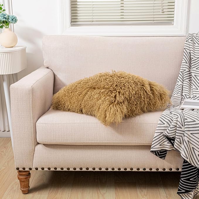 Mongolian Lamb Fur Throw Pillow Cover Real Fur Sheepskin Throw Square Cushion Fluffy Curly Wool Soft for Living Rooms Khaki 20X20in