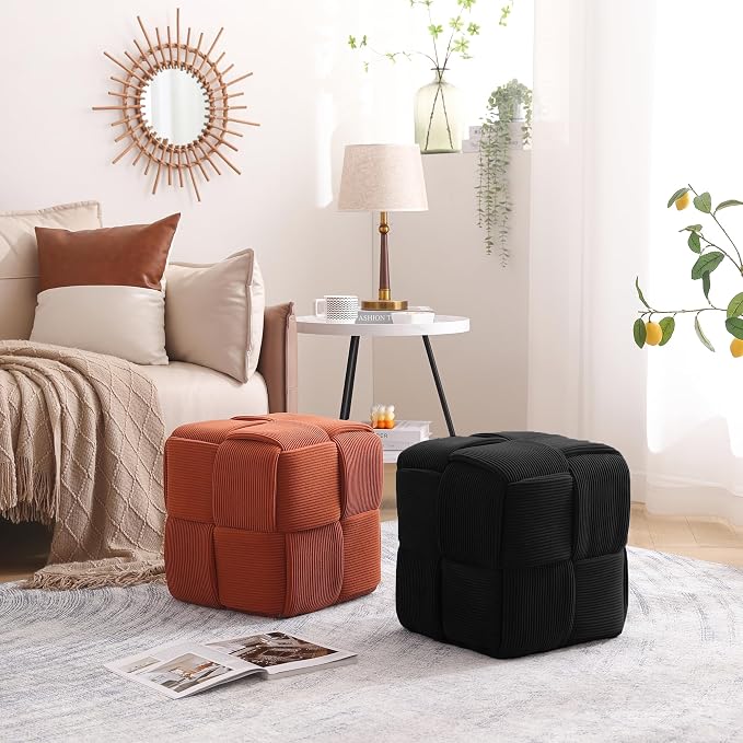 Cmishe 15" Square Woven Corduroy Ottoman Footrest - Modern Vanity Stool for Living Room & Entryway, Eco-Friendly Wood Frame, No Assembly (Orange)