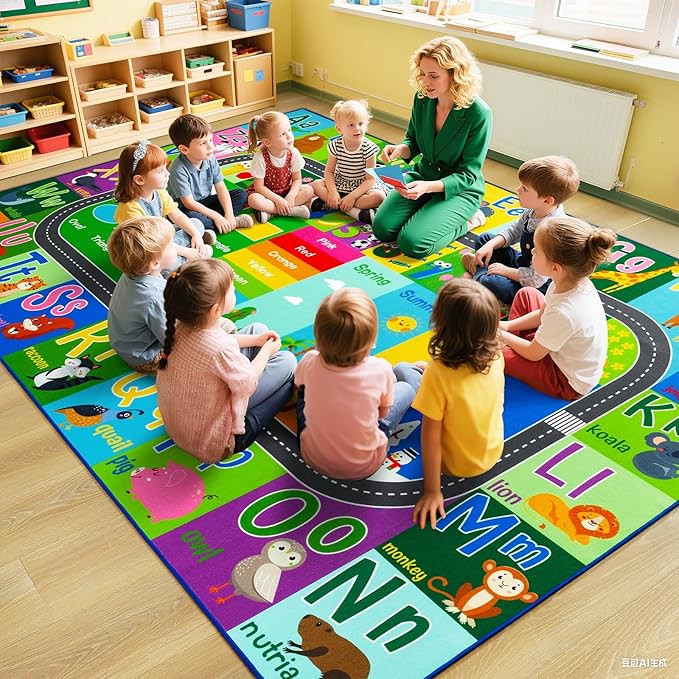 HOMORE Kids Rug, 6x9 Kids Educational Area Rugs for Learning Alphabet, Numbers, Colors, Season and Animal Words, ABC Rugs for Classroom Playroom, Green