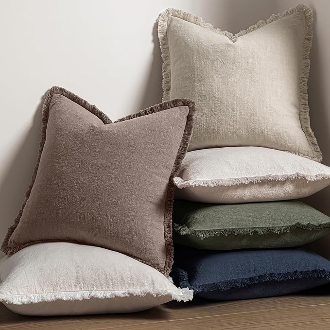 MIULEE Decorative Throw Pillow Covers Neutral Linen Fringe Throw Pillows Set of 2 Malt Ball Boho Farmhouse Cushion Covers with Tassels for Couch Sofa Bed Living Room Fall Decor 18x18 Inch