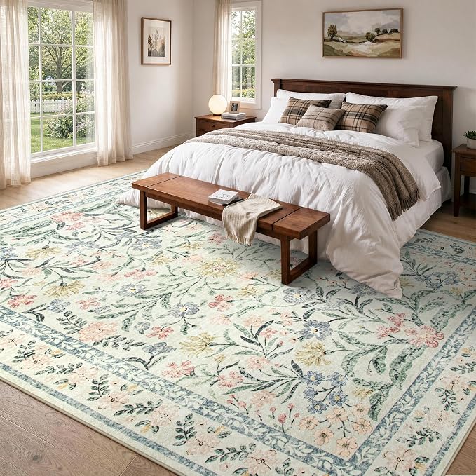 Wonnitar Large Rugs for Living Room, Soft Washable Floral 9x12 Area Rug for Bedroom, Boho Non-Shedding Foldable Carpet for Kids Playroom Apartment Home Decor