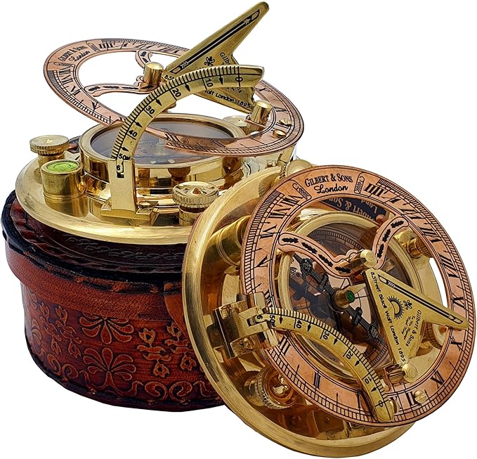 Personalized Engraved Antique Brass & Copper Sundial Compass, Sundial Clock in Leather Box Gift Sun Clock Ship Replica Watch