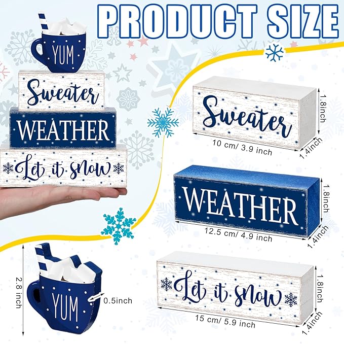 Marsui 4 Pcs Winter Wooden Tabletop Let It Snow Tiered Tray Decor Snowflakes Decorative Wood Block Sign Gift Farmhouse Christmas Table Centerpiece for Home Indoor Holiday