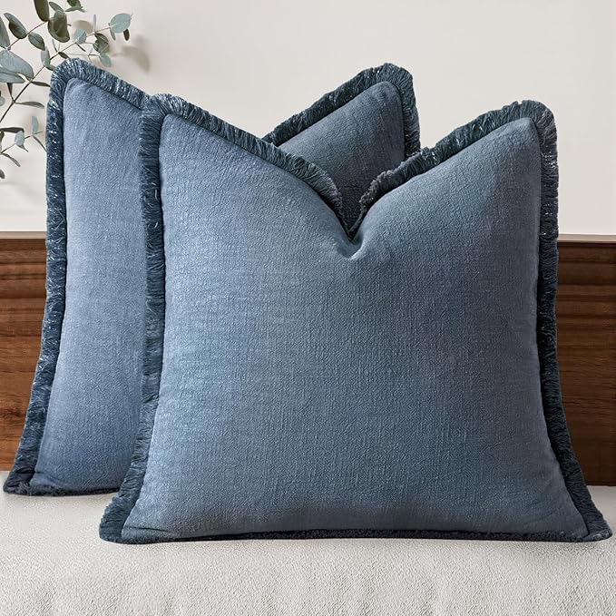 MIULEE Decorative Throw Pillow Covers Neutral Linen Fringe Throw Pillows Set of 2 Blue Ashes Boho Farmhouse Cushion Covers with Tassels for Couch Sofa Bed Spring Home Decor 26x26 Inch