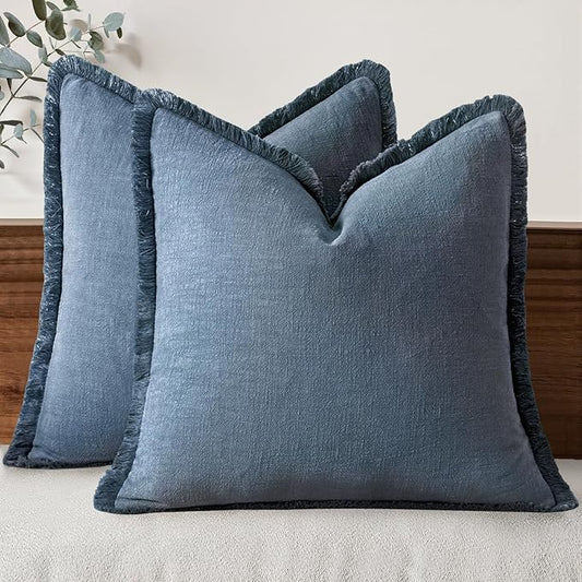 MIULEE Decorative Throw Pillow Covers Neutral Linen Fringe Throw Pillows Set of 2 Blue Ashes Boho Farmhouse Cushion Covers with Tassels for Couch Sofa Bed Spring Home Decor 26x26 Inch