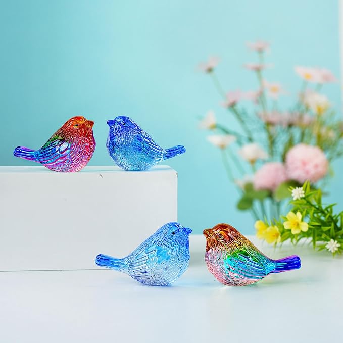 Set of 4 Handmade Blown Glass Birds Collectible Figurines Gifts for Women Men Bird Lovers Crystal Red Bird Figurine Statue for Home Table Centerpiece Decor