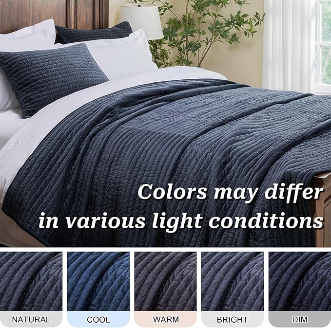 ELEGANT LIFE HOME Reversible Royal Cotton Velvet Pic-Stitch Bedding Quilt - King Size - 108'' x 92'' Dusty Blue