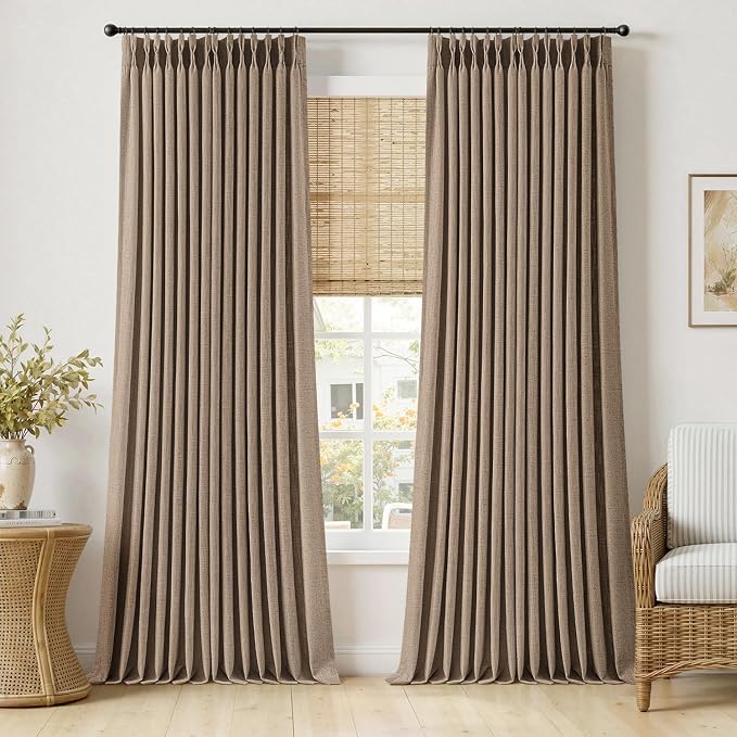 MIULEE Pinch Pleated Thick Linen Curtains 108 Inches Long 2 Panels for Living Room Bedroom, Linen Textured Drapes Back Tab Country Farmhouse Brown Tan Burlap Foor to Ceiling Curtains with Hooks&Rings