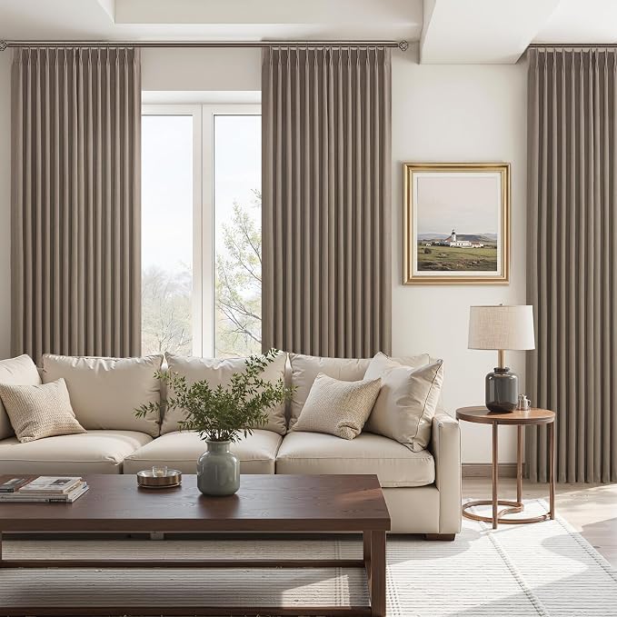 Pleated Linen Curtains 90 Inches Long for Living Room 2 Panels Rustic Farmhouse Thick Linen Textured Pinch Pleat Hooks Rings Back Tab Floor to Ceiling Semi Sheer Drapes Bedroom 90 Inch Dark Brown