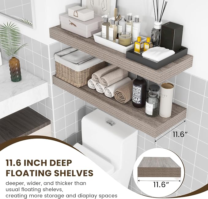 FLYJOE Deep Floating Shelves, 36 Inch Grey Shelves Set of 2 | 12 Inch Deep Shelves for Wall, 36'' x 12'' Rustic Grey Wood Shelves for Bathroom Living Room Laundry Room Kitchen