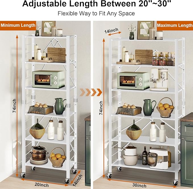 Himix 6 Tier Foldable Storage Shelves, Expandable Folding Bookshelf with Wheels, Changeable into 2 Shelf Units, Collapsible Adjustable Storage Rack Metal Shelves for Garage Kitchen, Basement, White