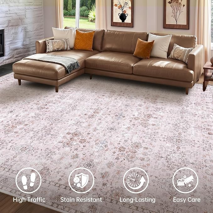 Sasttie 5x7 Area Rugs, Ultra-Soft Washable Rug, Low Pile Foldable Thin Carpets with Non-Slip Backing, Skin-Friendly Stain Resistant Carpet for Living Room, Bedroom, Kitchen, Dorm, 5x7, Pink