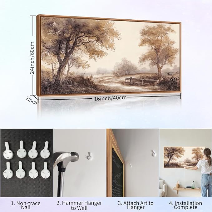 Rantodecor Vintage Landscape Framed Canvas Wall Art, Rustic Tree Sketch Wall Decor, Large Claming Nature Forest Art Paintings, Modern Relax Farmhouse Artwork for Bedroom Living Room 40"x20"