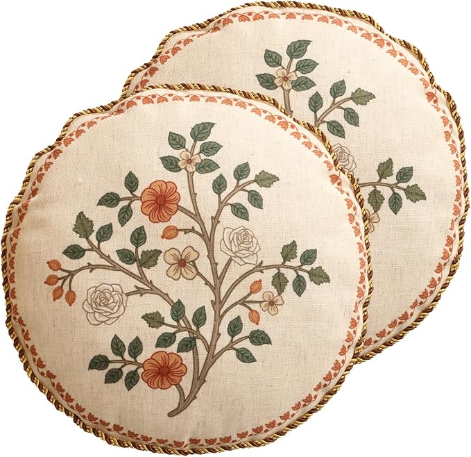 ISAENNE Designer Linen Throw Pillow Cover,Set of 2,Diameter 16"-Flora B | Vintage French Round Decor Pillow Cover,Concealed Zipper Design,Floral Pattern,Sofas,Bedroom,Living Room,Lounge Chairs