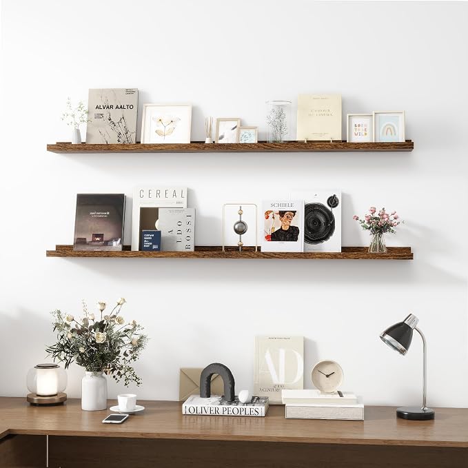 Acovy Picture Ledge Shelf, Wood Long Floating, Set of 2, 56 inch, Brown | Wall Mounted, For Living Room Kids' Room Bedroom, Photo Ledge Nursery Book Shelves