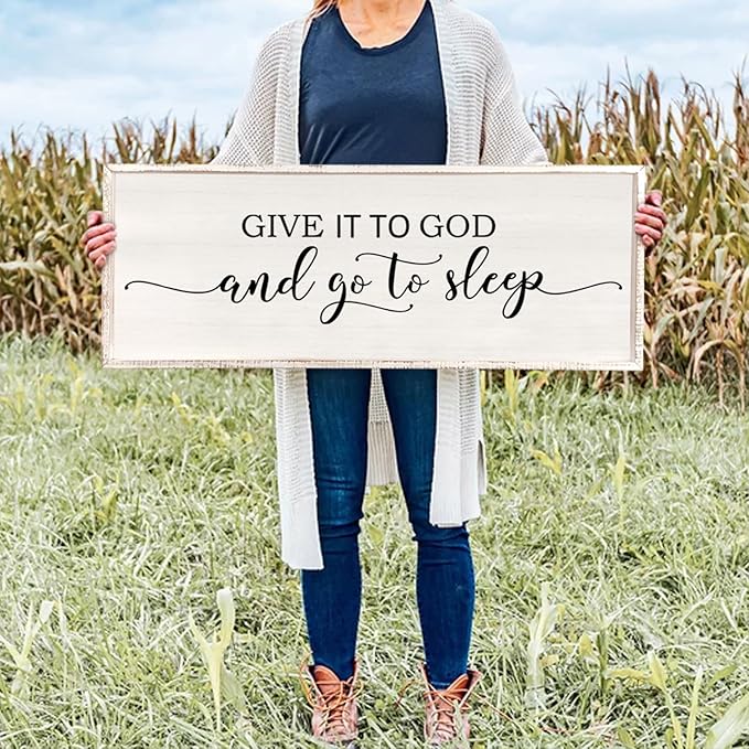 Give It To God And Go To Sleep Sign Wall Decor 40"X15" Master Bedroom Above Bed Large Farmhouse Wall Decor Wood Rustic Framed Over Bed Wall Art Hanging Decoration (White)