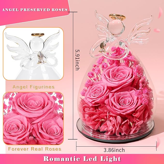 Beferr Mothers Day Mom Birthday Gifts for Women, Fresh Flowers for Delivery Forever Preserved Rose in Glass Angel Figurine, Anniversary Christian Real Rose for Grandma Nana Wife Mum from Daughter Son
