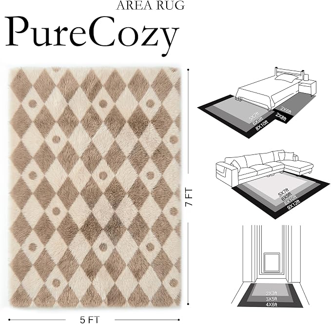 PureCozy Brown 5x7 Area Rug for Living Room Washable Non Slip Neutral Soft Bedroom Checkered Carpet Colorful Fluffy Modern Shag Fuzzy Indoor Large Aesthetic Bedroom Home Office Playroom Nursery