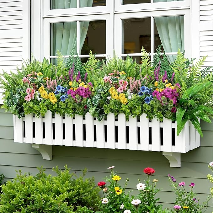Alupssuc 24Pcs Artificial Flowers and Plants,UV Resistant & No Fade Fake Plastic Greenery Shrubs for Home Garden, Pathway, Front Porch-Spring Summer Decor, Indoor/Outdoor Use,Pink Purple Yellow Blue