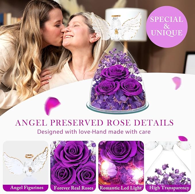 Flowers for Delivery Birthday Gifts for Women Gifts for Mom Grandma Mothers Day Fresh Preserved Flowers Forever Real Roses in Glass Angel Figurines Anniversary Present for Wife Her Friends Daughter