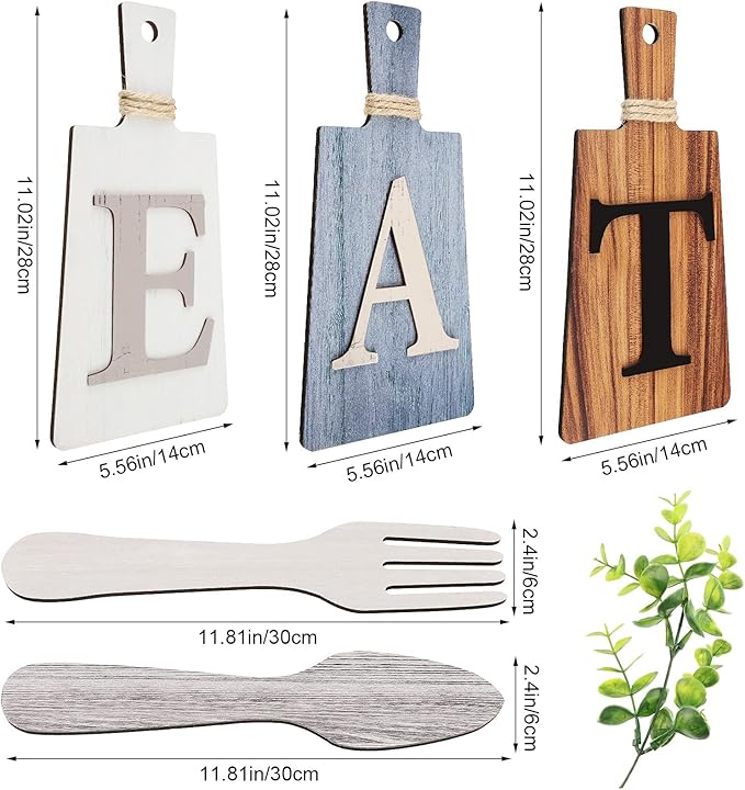 Jetec Cutting Board Eat Sign Set Hanging Art Kitchen Eat Sign Farmhouse Fork and Spoon Wall Decor Rustic Primitive Country Kitchen Decor for Home over Cabinet Decoration(Gray, White, Brown)