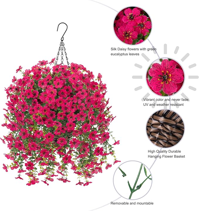 HyeFlora Artificial Hanging Flowers Basket for Outdoor, Fake Flowers Faux Plants Look Real for Yard Gardens Porch Patio Home (Hotpink)