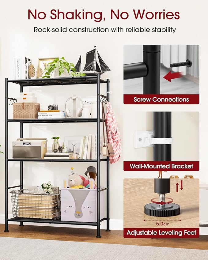 Sakugi Storage Shelves - 4-Tier Spacious Shelf Organizer with Hooks & Leveling Feet, Easy to Assemble, Rust-Resistant Garage Shelving for Kitchen, Pantry, Bedroom, 33.2" x 12.7" x 57.3", Black
